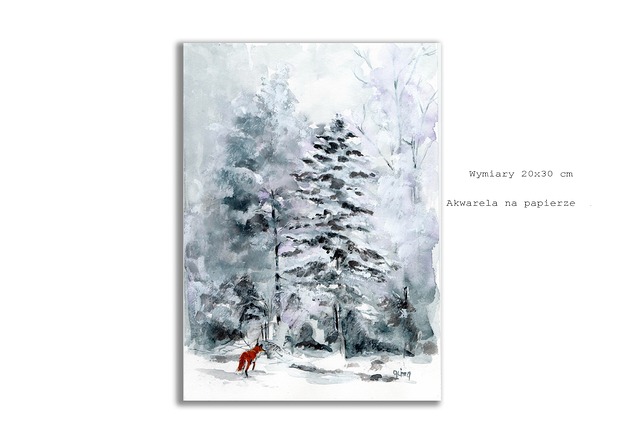 grafiki i ilustracje Zima. Lis. Akwarela ręcznie malowana pejzaż