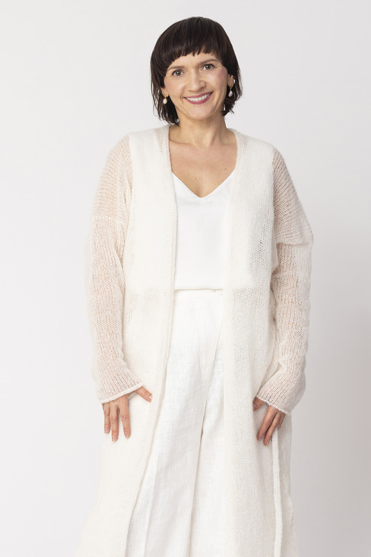 kardigany damskie Długi kardigan wełniany z paskiem - Biały