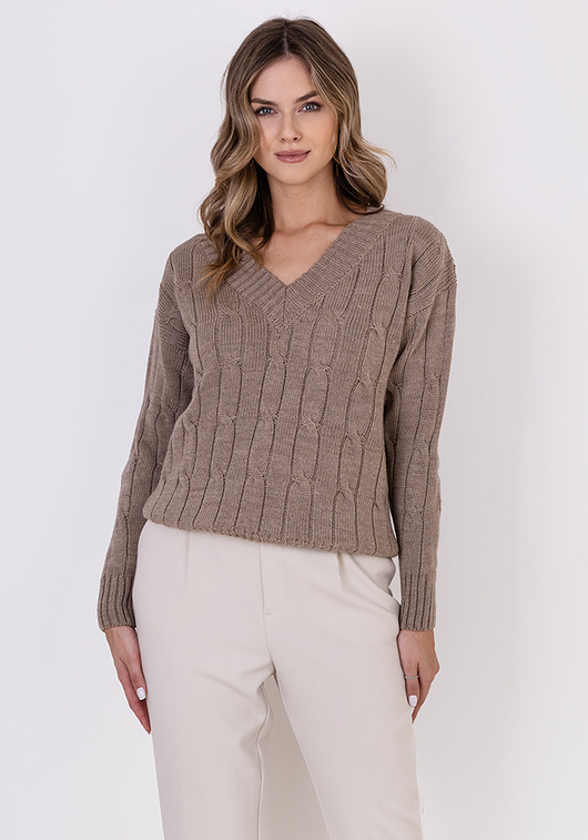 swetry damskie  Sweter w warkoczowy wzór - SWE316 mocca MKM