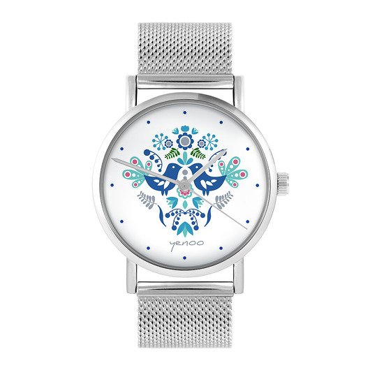 zegarki damskie Zegarek - Ptaszki folkowe blue - bransoleta mesh