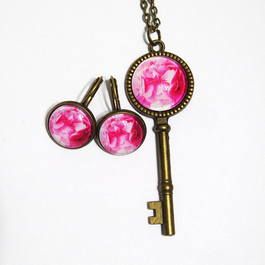 komplet biżuterii Naszyjnik klucz i kolczyki  - Różowa pelargonia, brąz