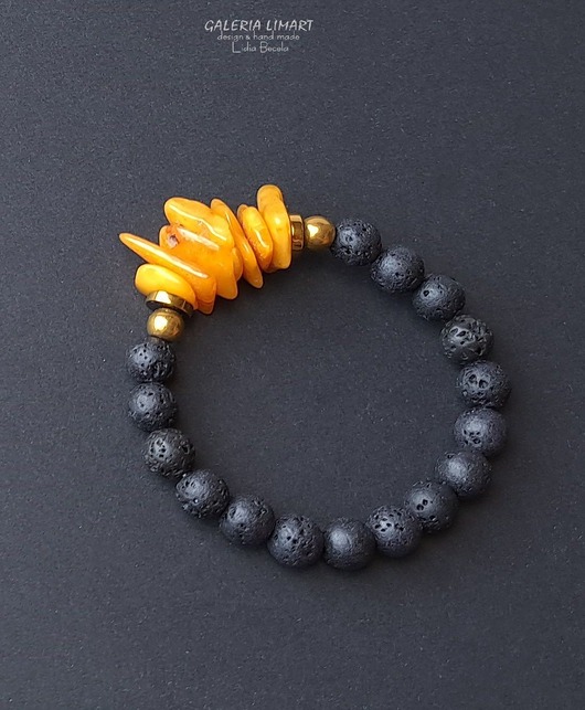 bransoletki z kamieni naturalnych Bransoletka z surowego bursztynu bałtyckiego mlecznego i lawy Prezent handmade