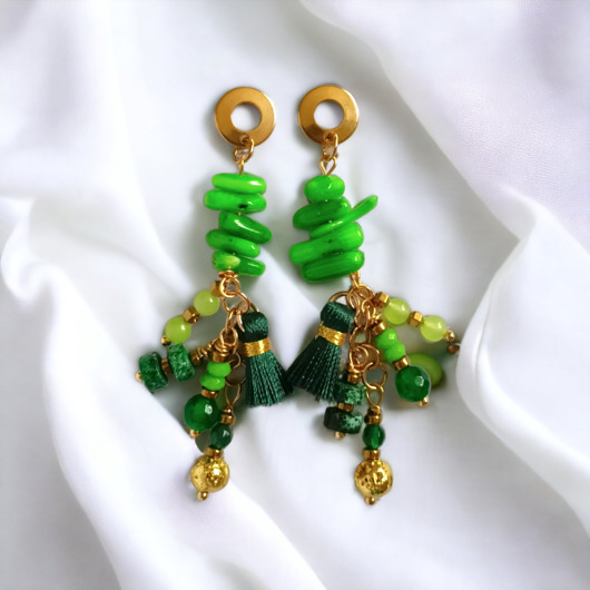 kolczyki z kamieniami Zielone kolczyki Boho : długie i fikuśne