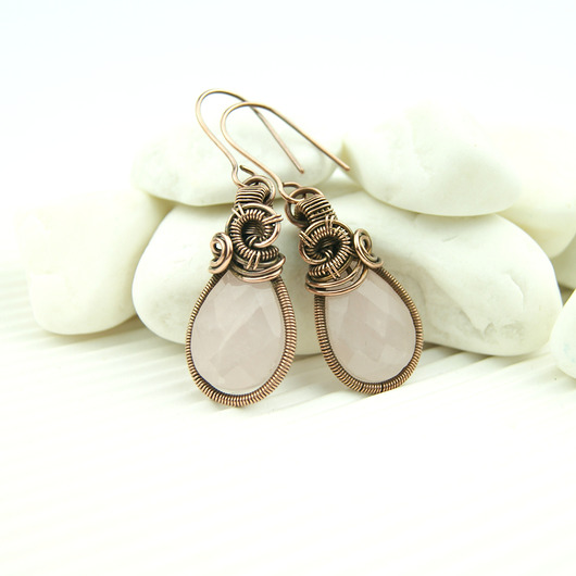 kolczyki wire wrapping Kolczyki z różowym kwarcem