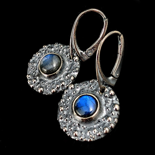 kolczyki wire wrapping Labradoryty  w deszczu srebra