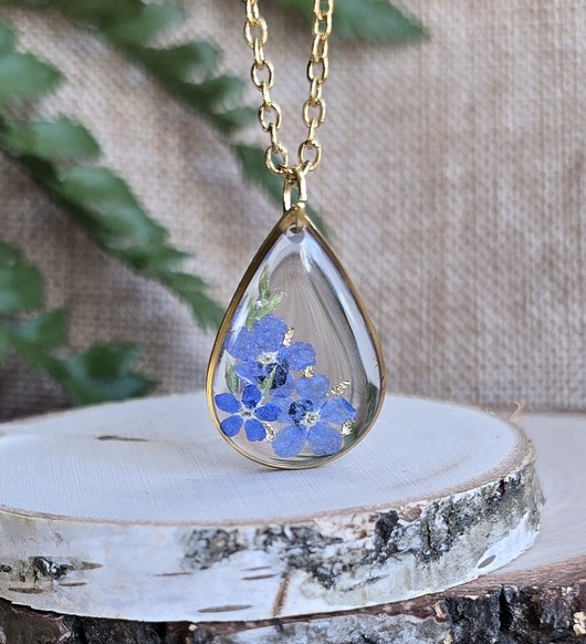 wisiory Złoty wisiorek prawdziwe kwiaty zawieszka łezka łza niezapominajki