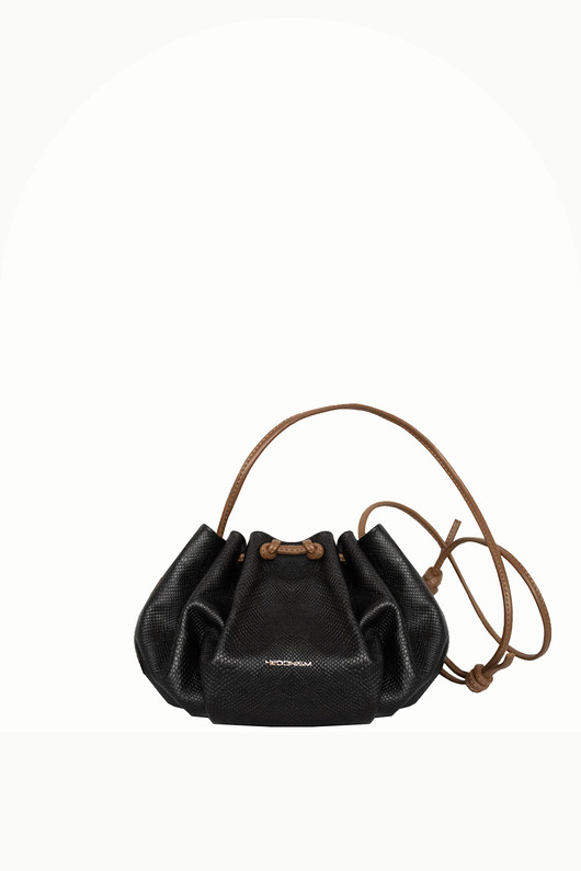 torby na ramię Mini worek "Retro" czarna skóra tłoczona na wzór węża i brązowe rączki