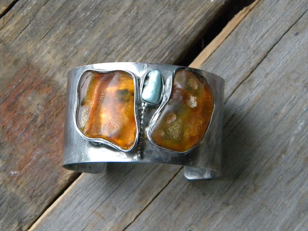 bransoletki wire wrapping Bursztyn / larimar  -  bransoleta mankiet CUFF