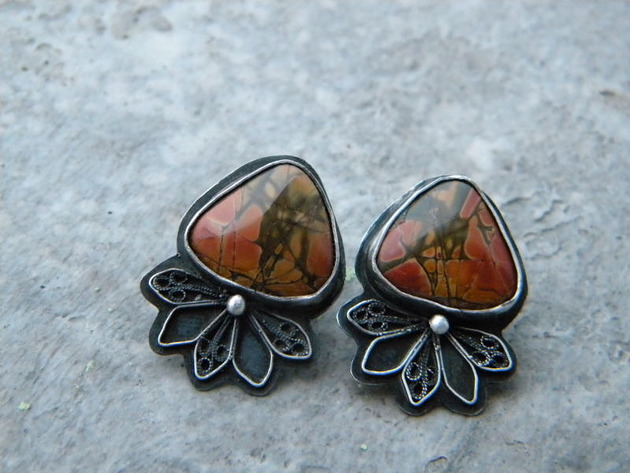 kolczyki wire wrapping jaspisy w filigranach - sztyfciki