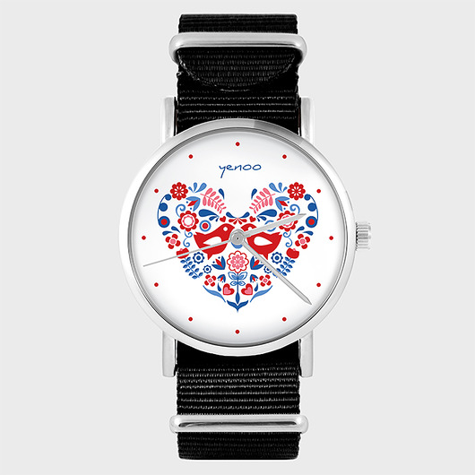 zegarki damskie Zegarek - Ptaszki folkowe - czarny, nylonowy