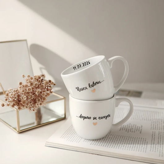 kubki Zestaw 2 białych kubków porcelanowych 300 ml - motyw złotego serca z napisem