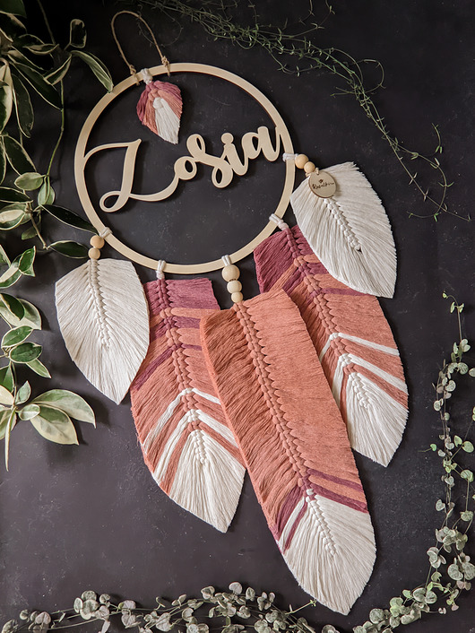 łapacze snów Makrama różowy łapacz snów z imieniem, dekoracje w stylu boho
