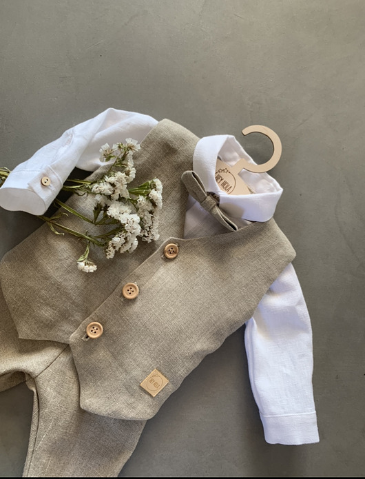 szatki, ubranie na chrzest Lniany zestaw na chrzest dla chłopca +kamizelka