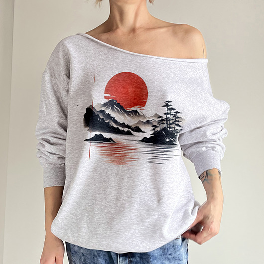 bluza bez kaptura damska Japoński pejzaż Szara bluza cięta