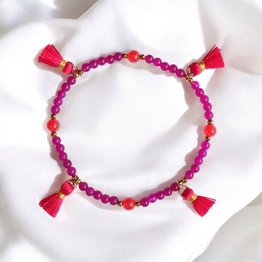 bransoletki z kamieni naturalnych NA NOGĘ : summer energy : jadeit i chwosty : fuksja-pomarańcz-czerwień