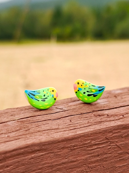 kolczyki z masy plastycznej Kolczyki ptaszki mini Zielone Papużki Faliste tropikalna biżuteria, boho