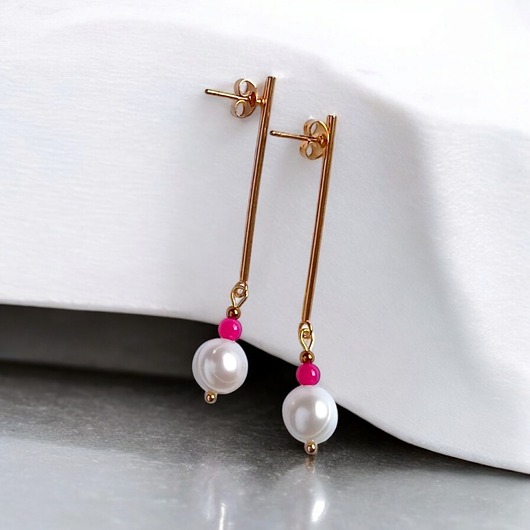 kolczyki z kamieniami Kolczyki FUCHSIA & PEARL collection: perła i agat : długie sztyfty