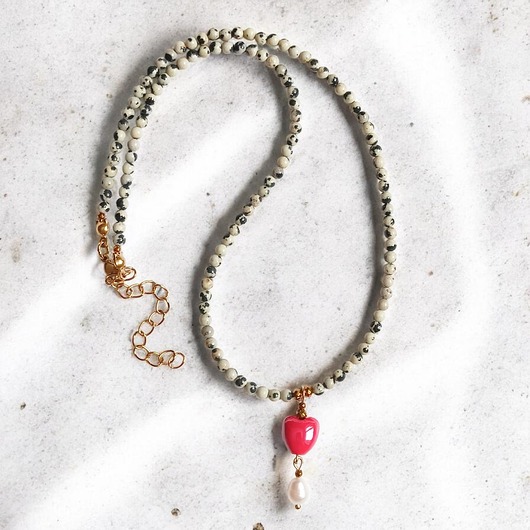 chokery Naszyjnik : jaspis dalmatyński, serce ceramiczne, perła