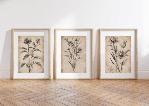 grafiki i ilustracje ZESTAW 3 PLAKATÓW beżowe botaniczne vintage