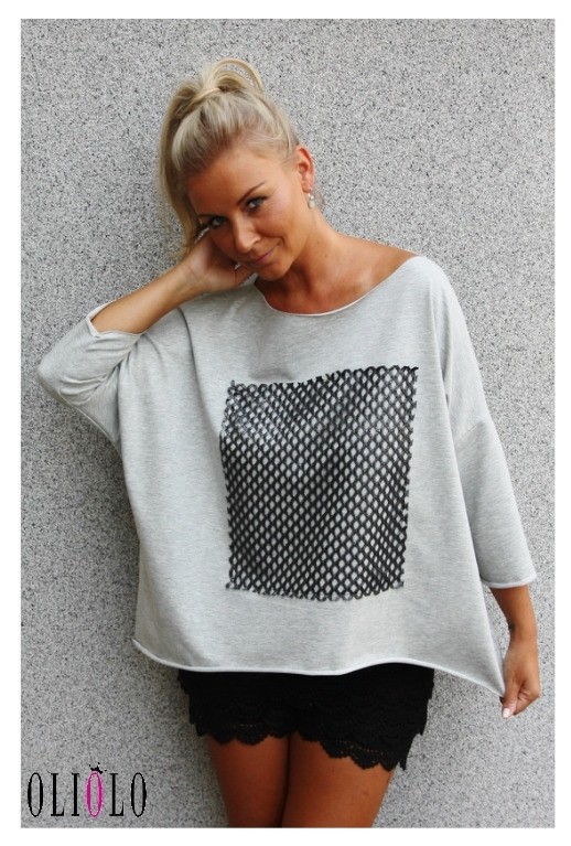 Bluza Kwadrat z Siateczki   Jasno Szara  Oliolo  Pudrowy Różowy