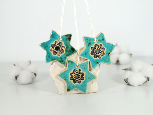 ozdoby choinkowe Turkusowe gwiazdki choinkowe - ozdoby ceramiczne