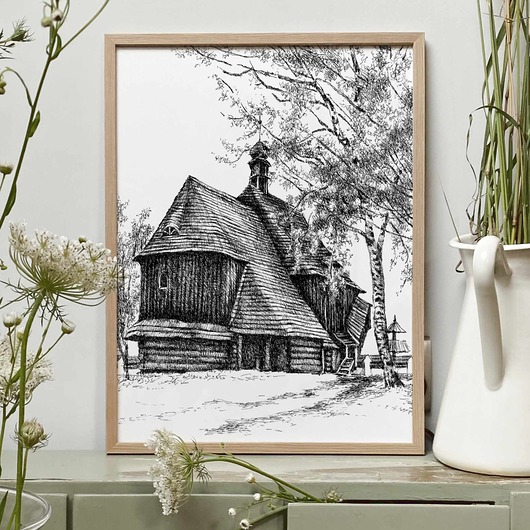grafiki i ilustracje Drewniany kościółek