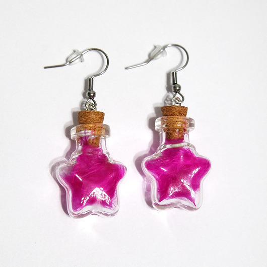 kolczyki szklane Kolczyki fiolki - amarantowe piórko, gwiazda