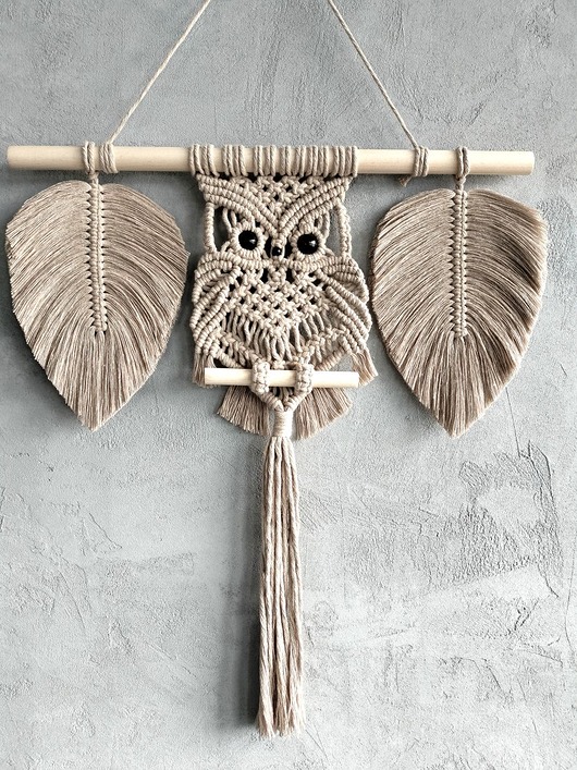 Ozdoby na ścianę Sowa na Ścianę Beżowa Ozdoba Ścienna Boho z Listkami 50x60 cm