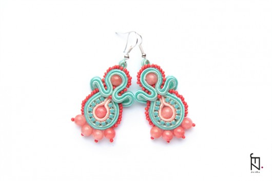Koralowo-turkusowe kolczyki soutache Jeżka