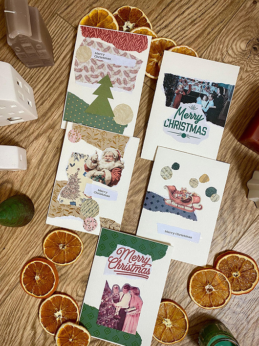 kartki scrapbooking Retro, kolażowe kartki świąteczne - zestaw 5 szt