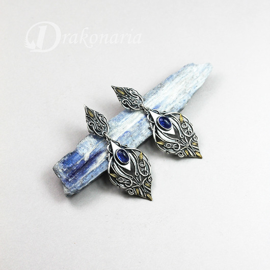 kolczyki srebrne Kolczyki srebrne Sindarin - Narn, kyanit i złoto