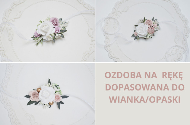 komunia - pozostałe Bransoletka z kwiatów komunijna, ozdoba na rękę do komunii. korsarz