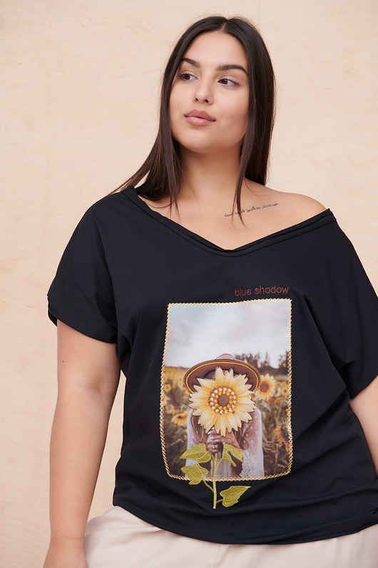t-shirt damskie T-Shirt Damski Słoneczny Plus Size Czarny - 44/46