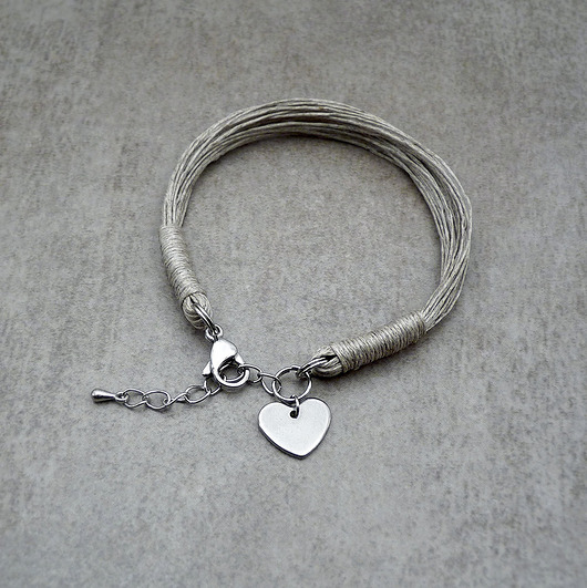 bransoletki - inne Bransoletka z sercem len naturalny