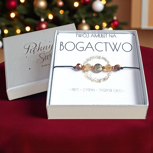 bransoletki z kamieni naturalnych Amulet - BOGACTWO - świąteczne pudełko - PIRYT, CYTRYN, TYGRYSIE OKO