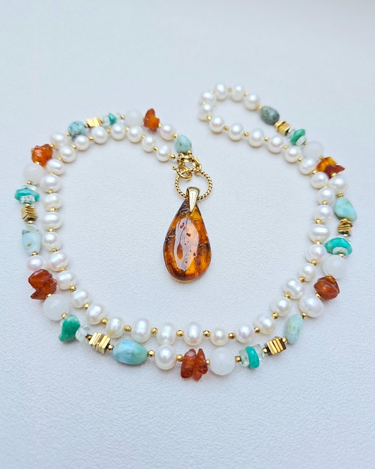 korale Długi Naszyjnik Bursztynowa Laguna Srebro Zł