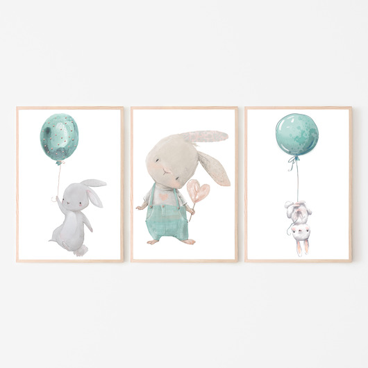 obrazy i plakaty do pokoju dziecięcego Plakat obrazek miętowy króliczek balon 3 szt.