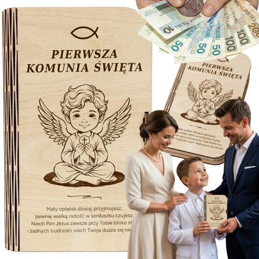 komunia - pozostałe Pamiątka Pierwszej Komunii Prezent dla Chłopca Pudełko Koperta na Pieniądze