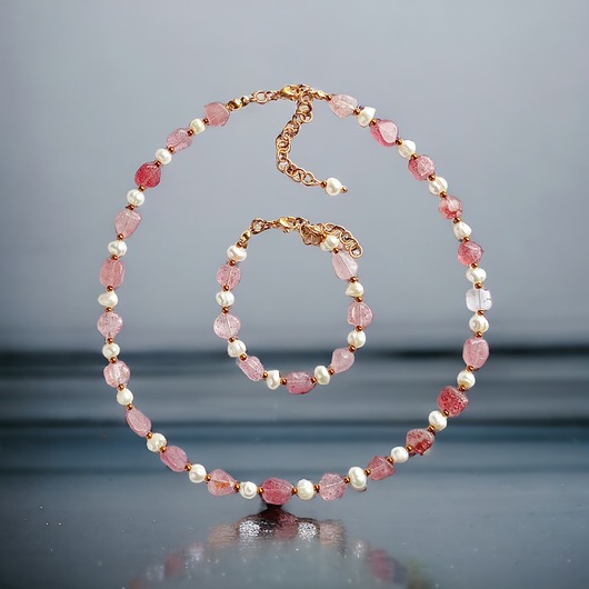komplet biżuterii KOMPLET - kwarc truskawkowy & PERŁY. naszyjnik & bransoletka.