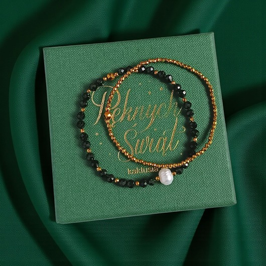 bransoletki z kamieni naturalnych Świąteczny zestaw bransoletek : ciemna zieleń, złoto, perła : szmaragd nilu