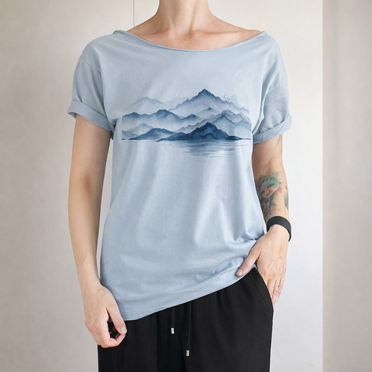 t-shirt damskie Góry japoński krajobraz Bladoniebieski Oversize