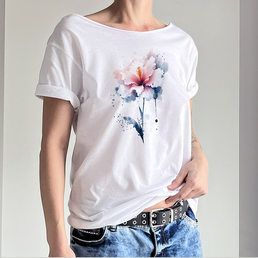 t-shirt damskie Hibiscus akwarele Biały Oversize