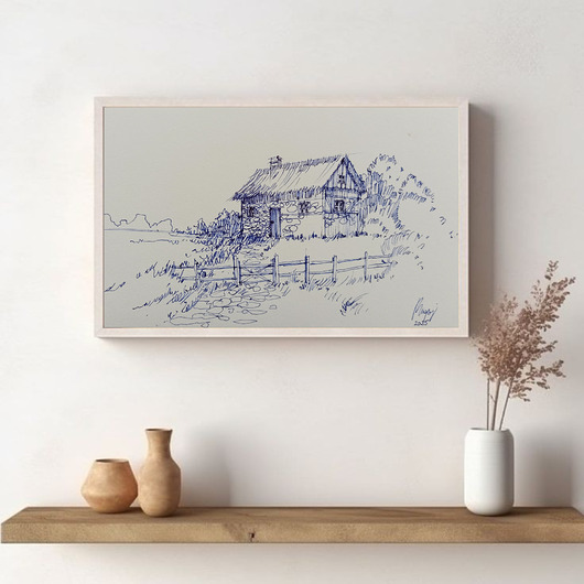 grafiki i ilustracje Rysunek cienkopis Wiejska chata oryginalny 20x30 cm