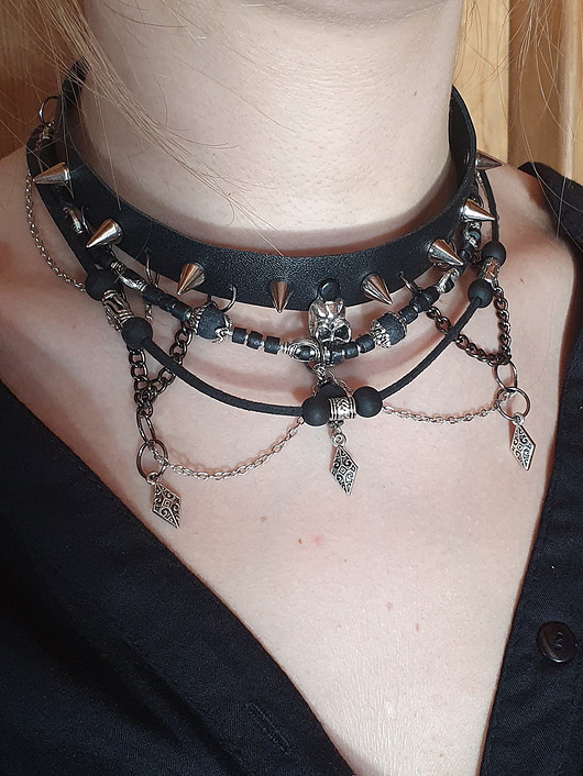 naszyjniki - inne Czarny choker, gotycki naszyjnik skórzany
