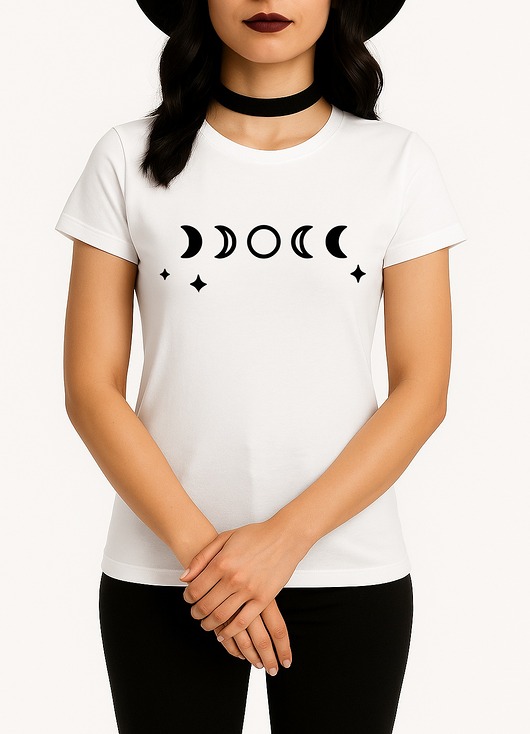 t-shirt damskie Biała Koszulka damska z fazami księżyca, minimalistyczna, spokojna energia
