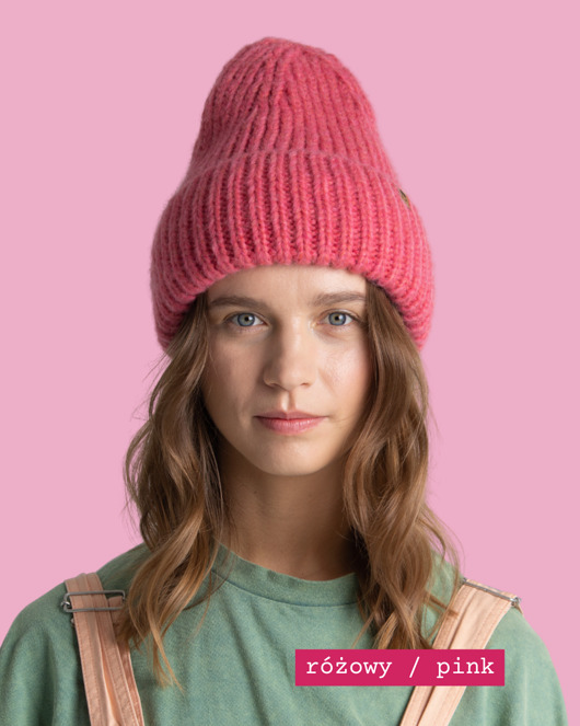 czapki damskie SOWA - duża puchata wełniana eko czapka- różowy