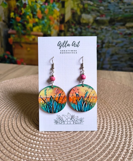 kolczyki drewniane Kolczyki malowane ręcznie  Zachód nad jeziorem