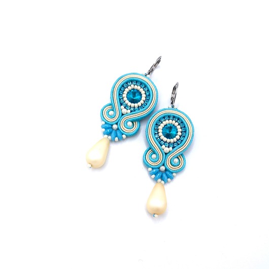 kolczyki soutache Kolczyki sutasz kremowo błękitne eleganckie z dużą łezką Cleo