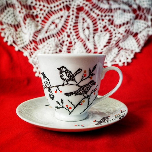 filiżanki Świąteczna filiżanka ze spodkiem PTAKI