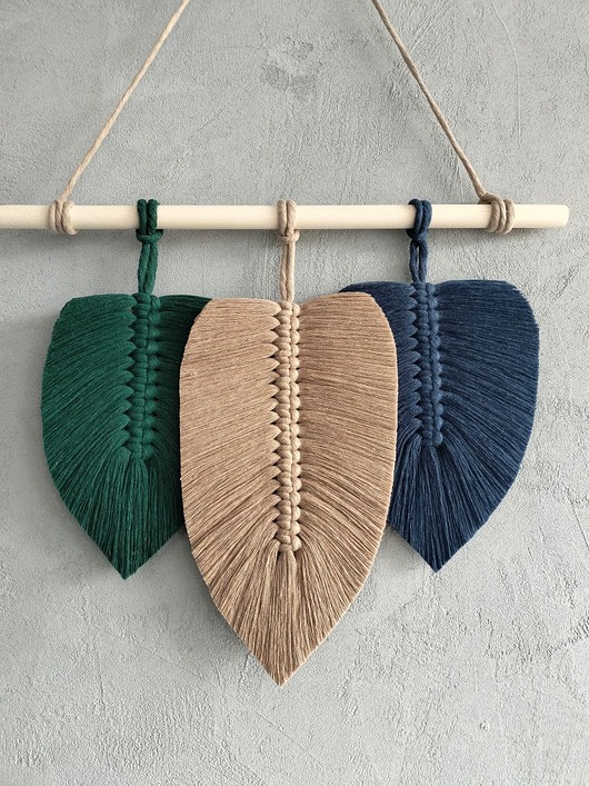 makramy Makrama Liście Zieleń Beż Granat Ozdoba Ścienna Boho 40 cm